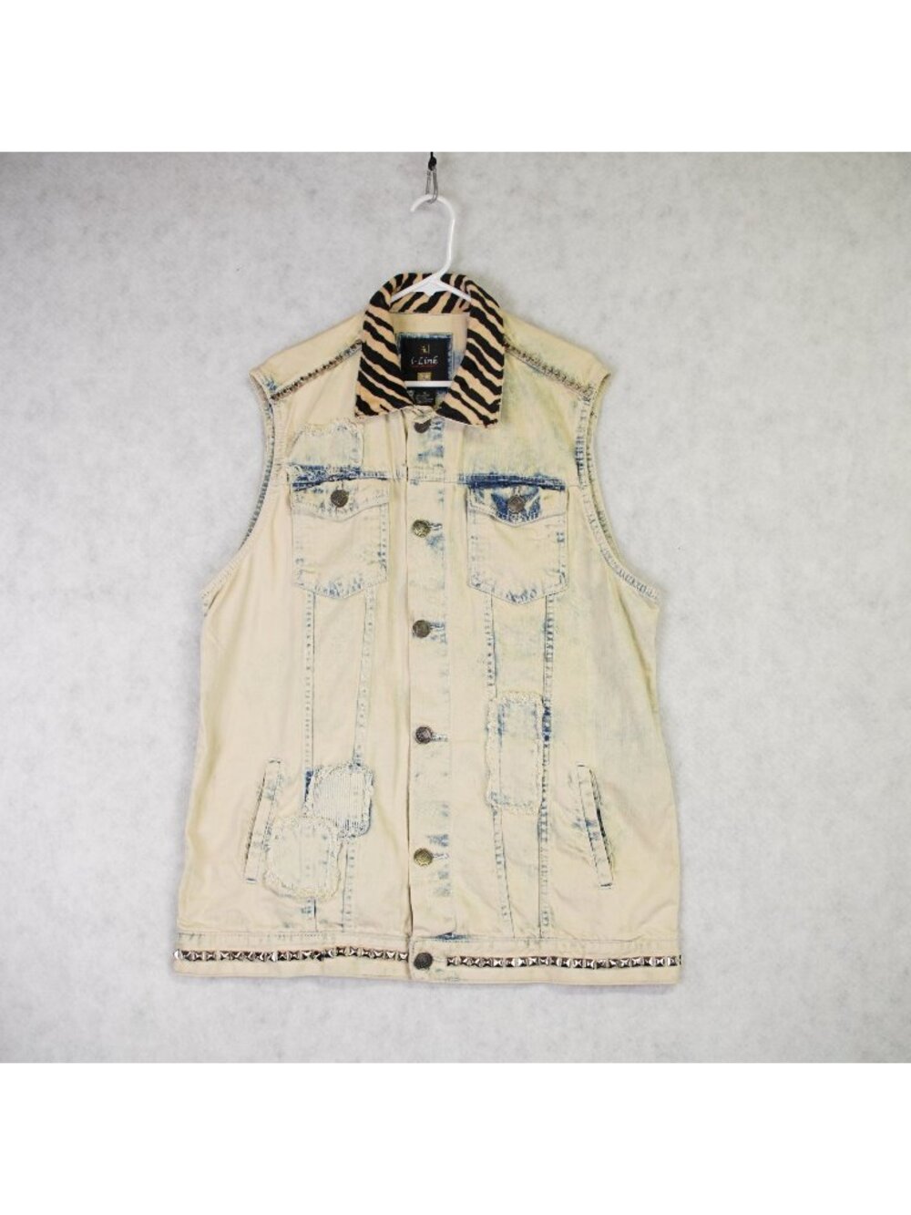 VTG i-Link Distressed Denim Vest With Zebra Faux Fur Collar & Studded Womens XL